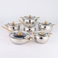 Ensemble de casseroles de luxe modernes en acier inoxydable, 12 pièces, avec poignées dorées, couvercles combinés, durables et faciles à nettoyer