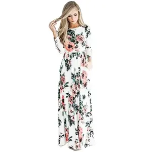 Grosir Fashion Lengan Panjang Gaun Pantai Wanita Warna-warni Saham Floral Long Maxi Dress Wanita