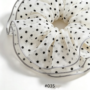 Elastico per capelli coreano in tulle trasparente con pois neri, per coda di cavallo - Product Image 2