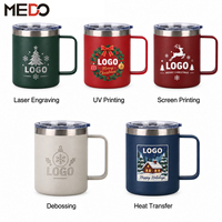 Tasses à café personnalisées de la série Noël avec logo, 12oz, 14oz, 16oz, en acier inoxydable 304, avec couvercle transparent et poignée, pour cadeau d'entreprise de Noël