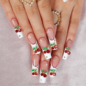 Ongles artificiels de luxe de haute qualité, <span class=keywords><strong>manucure</strong></span> française, décoration 3D <span class=keywords><strong>cerise</strong></span>, ongles press-on faits à la main - Product Image 1