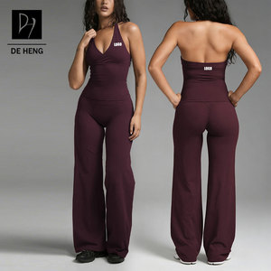 Set <span class=keywords><strong>da</strong></span> Allenamento Personalizzato per Donna, <span class=keywords><strong>Pantaloni</strong></span> a Gamba Larga ad Alta Elasticità e Asciugatura Rapida, Top con Scollo a V Profondo, Leggero, per Palestra e Yoga - Product Image 1