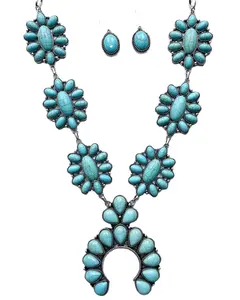 Baosheng Jewelry Fashion Women Western Turquoise Stone Statement Squash Blossom Necklace&Earring Set