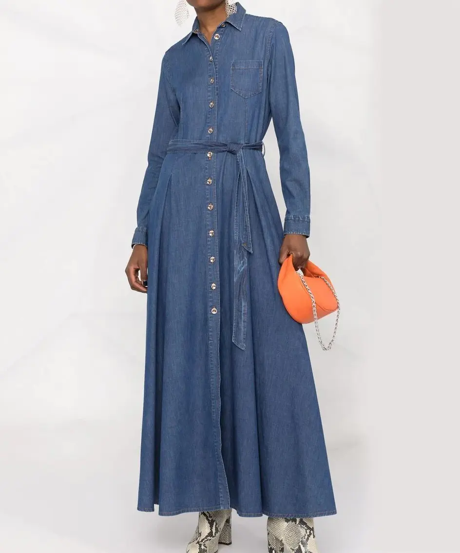 Yenilikçi formu bayanlar uzun Jean elbise uzun kollu kot kadın uzun artı <span class=keywords><strong>boyutu</strong></span> kot elbise