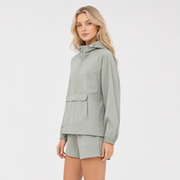 Veste Anorak Femme Vert Sauge 100% Nylon Style Coréen Demi-Zip à Capuche Fine Coupe-Vent Sport Automne/Hiver