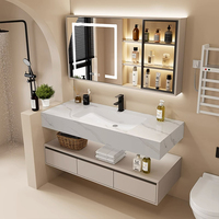 Miroir de salle de bain moderne en panneaux de bois, coiffeuse, meuble-lavabo avec vasques simples et doubles en pierre
