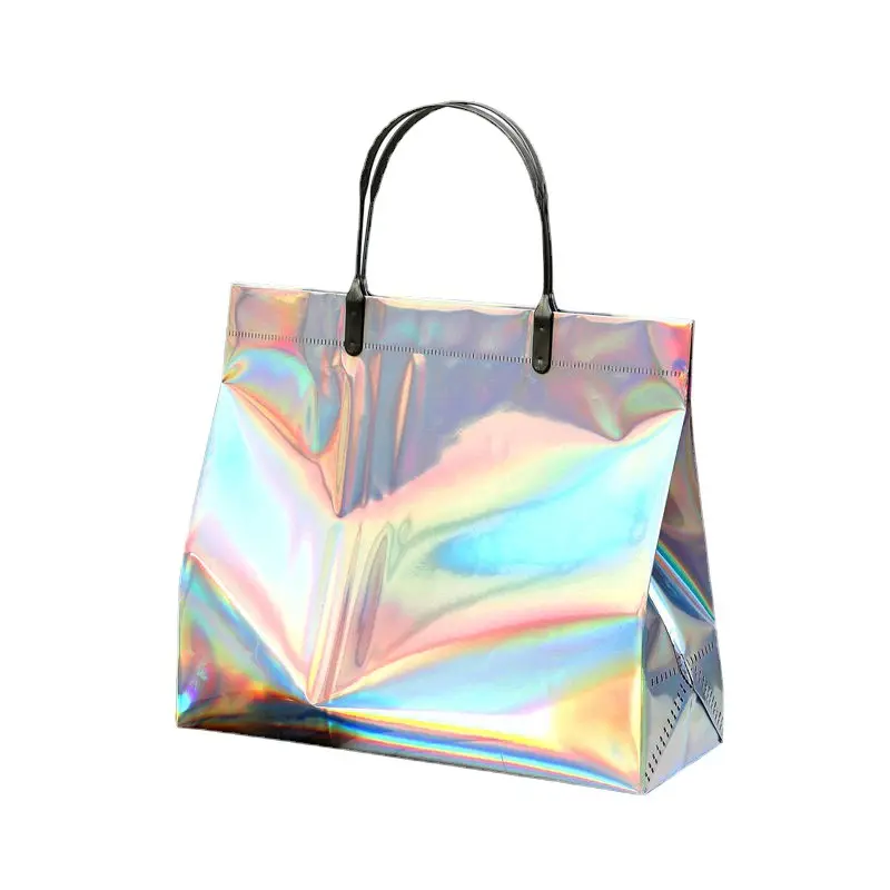 Bolsa de pvc de plástico holográfico para cosméticos, bolsa transparente de holograma arcoíris para ropa, zapatos, maquillaje, regalo, embalaje de flores con mango