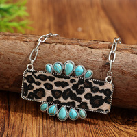 Colliers de style occidental pour femmes, bijoux tendance en turquoise, cadeau, collier avec pendentif géométrique turquoise et imprimé léopard