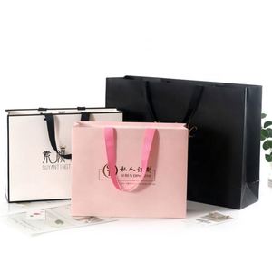 Sac de shopping en papier personnalisé de luxe KM avec logo de designer, poignée en ruban rose - Product Image 4