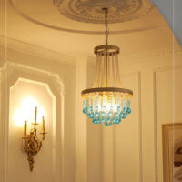 Lustre vintage en cristal doré à perles, avec gouttes turquoise, lampe suspendue de luxe pour salon, décoration d'hôtel