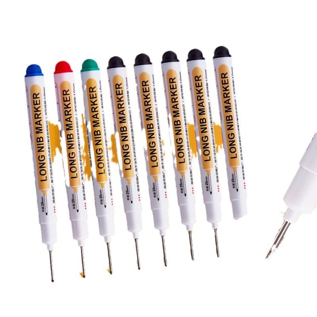 Long Nose Flat Tip Permanent Marker Pen Deep Hole Reach for Carpenters Construction Leather Wood Metal Glass Paper Chalkboard