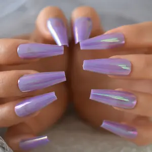 Light Purple Chrome Fake Nails False Tips Decorated Artificial Nails Long Coffin Nails Supplier 24 pcs