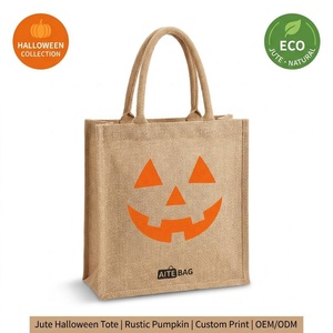 Borse tote in iuta KS Brand per Halloween con chiusura a cerniera, grandi dimensioni - Ingrosso, stampa zucca, design Jack <span class=keywords><strong>O</strong></span>' Lantern, borsa stile rustico - Product Image 1