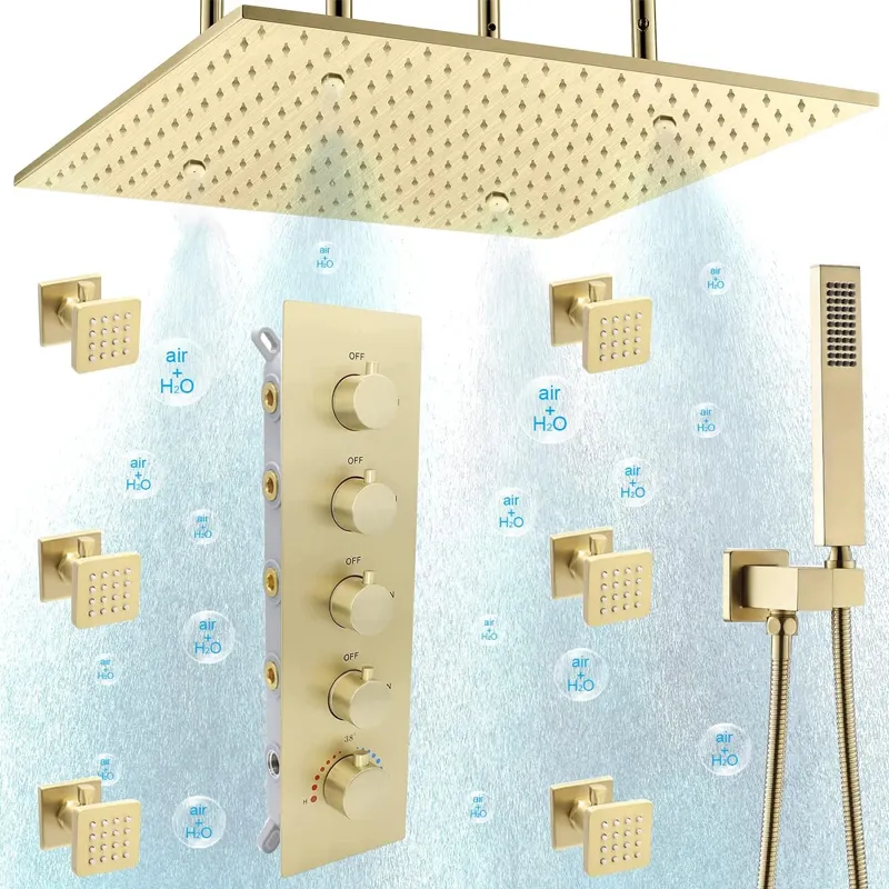 16inch Brush Gold rainfall Shower Head with Full Body Jet Multifunction Shower System Shower Faucet set With Temperature Valve