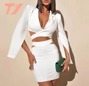 Tuoyi mùa hè thời trang dài tay áo trắng Blazer váy thiết lập Phụ nữ sexy notched cổ áo Hollow ra áo khoác