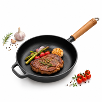 Poêle en fonte 23 25 27 29 cm avec poignée en bois, fond plat, poignée d'assistance, pour cuisinière à gaz et cuisine