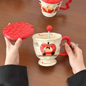 Taza de Cerámica Apple Girl con Tapa y Cuchara, Diseño de Dibujos Animados, para Café, Desayuno, Uso Doméstico, Juego de Una Taza, Primavera 2025, para Regalos - Product Image 1