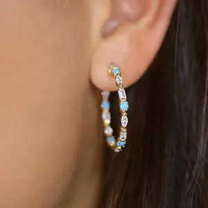 geometric white cz blue turquoise stone paved classic circle hoop design gold earring