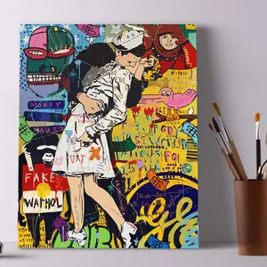 Cat dengan nomor untuk orang dewasa, kit lukisan minyak DIY grafiti jalanan di kanvas dengan kuas pecinta berciuman gambar romantis