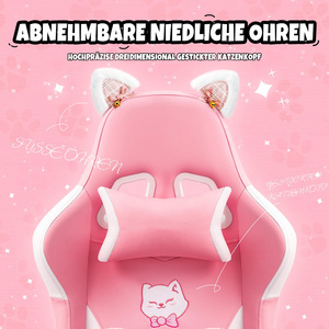 Chaise de jeu ergonomique rose et blanche avec oreilles de chat, pivotante et réglable, avec repose-pieds et coussin lombaire - Product Image 3