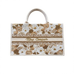 Sac fourre-tout élégant en coton brodé de style vintage avec motif uni, fermeture éclair étanche, sac à bandoulière chic pour la plage - Product Image 1