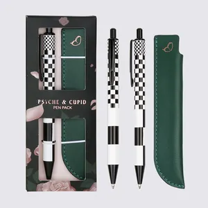Business Custom Logo Black and White Checkerboard Grid Design PU Leather Pouch and Pen Set for Gift