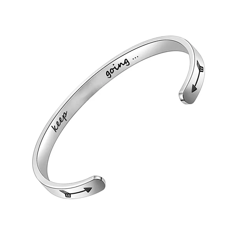 Inspirational Cuff Bracelet Bangle Keep Going Motivational Mantra Quote Stainless Steel Engraved Women Girls with Hidden Message