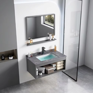 Mueble de Baño Moderno de Aluminio Espacial, Colgante de Pared, con <span class=keywords><strong>Lavabo</strong></span> de Piedra Sinterizada, Espejo Inteligente Antivaho e Impermeable, Gris, para Hotel - Product Image 1
