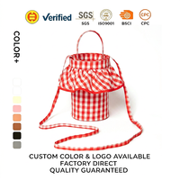 Tas Selempang Wanita Motif Kotak-kotak Merah Putih dengan Ruffle, Bahan Kanvas, Tali Lepas Pasang, Tas Bahu Lucu untuk Sehari-hari
