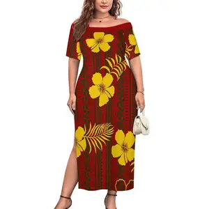 Cheap Price Solid Color Neckline One-shoulder High Slit Dress Custom Hawaiian Tropical Style Evening Party Sexy Dress