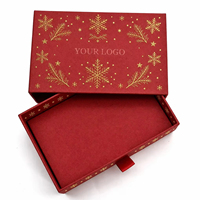 Boîte à tiroir rigide plate rouge foncé personnalisée avec impression flocon de neige doré, boîte cadeau coulissante fine en gros