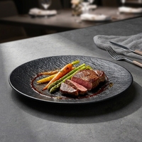 Assiette à steak en mélamine noire, plat rond, imitation céramique, vaisselle de restaurant et d'hôtel, logo personnalisé
