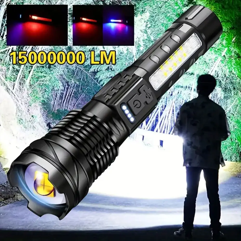 Lanterna com luz laser de 20000 lúmenes, luz vermelha LED lateral, luzes de trabalho, foco com zoom, lanterna de mão recarregável com display de energia
