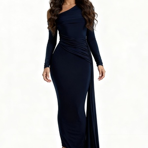 Vestido de Noche para Mujer con Escote Asimétrico, Silueta Ajustada y Sexy, Detalles Plisados, Vestidos Largos con Lazos Decorativos - Product Image 2