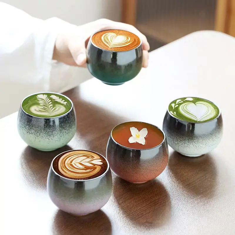 Xícaras de chá de cerâmica de alta qualidade com logotipo personalizado, xícara de café redonda de barriga grande em porcelana criativa gradiente