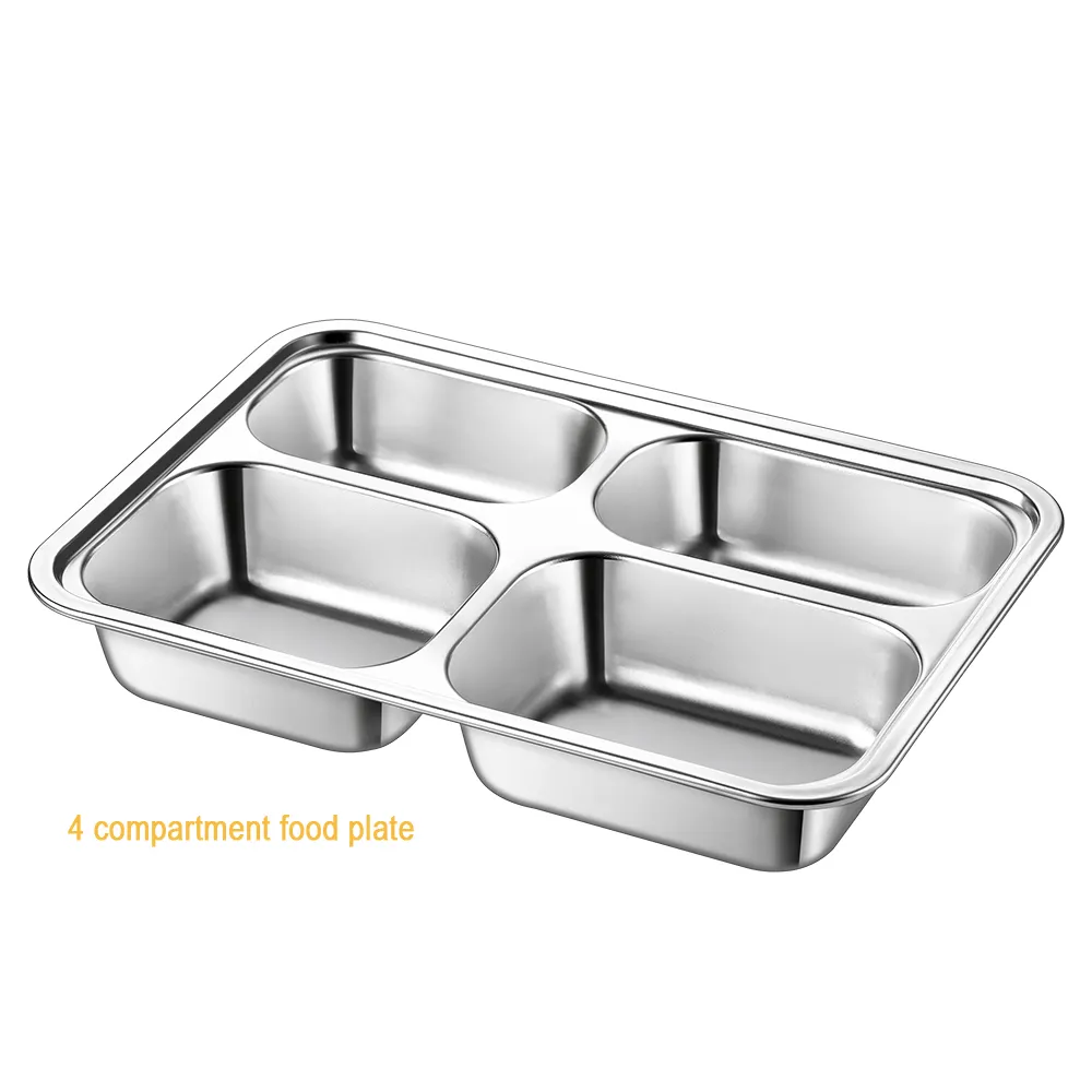 Lunch Box Kids Divided Food Serving Tray Stainless Steel 4 Compartments Food Tray With Cover For Canteen School