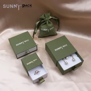 Custom luxury popular green paper jewellery gift packaging jewelry ring drawer box with pouch bag