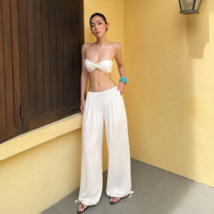 Retro Embroidered Drawstring Knit Flared Pants Women Mid Waist Casual Street Style Fashion Versatile Long Trousers - Product Image 1