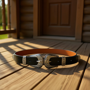 Ceinture en cuir véritable 100 cm noire et marron style western avec boucle argentée pour femmes et hommes - Product Image 2