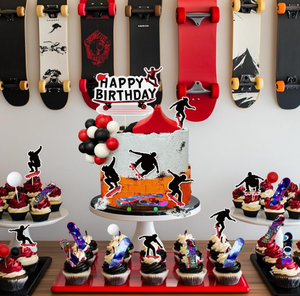 Décorations de gâteau pour fête d'<span class=keywords><strong>anniversaire</strong></span> sur le thème du skateboard, bannière, signe, cercle, points, décorations de cupcakes, autocollants, accessoires de photographie - Product Image 4