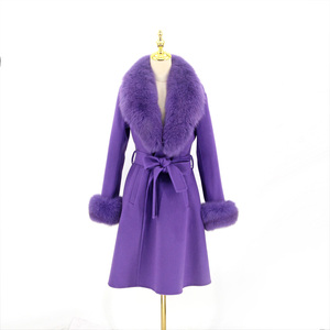 QIUCHEN- QC22035 automne hiver mode cachemire <span class=keywords><strong>femme</strong></span> <span class=keywords><strong>mi</strong></span>-<span class=keywords><strong>long</strong></span> <span class=keywords><strong>manteau</strong></span> en fourrure de renard véritable <span class=keywords><strong>manteau</strong></span> en laine - Product Image 3
