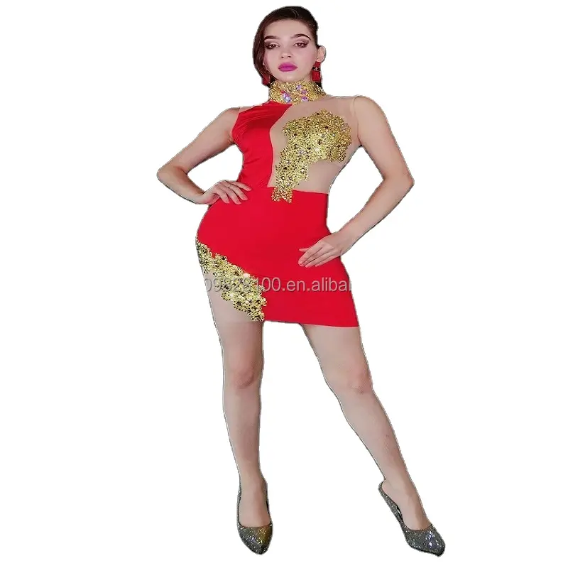 燃えるような赤い肉の女性のタイトなドレスノースリーブパフォーマンスドレスイブニングドレス