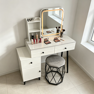 Modern Makeup <b>Vanity</b> With Lighted Mirror And Storage Drawers Bedroom Dressing <b>Table</b> With Stool - Product Image 1