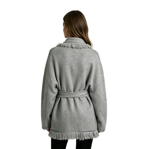 A&J Factory OEM Women Fringe Trim <b>Wrap</b> Coat Contrast Topstitch Shawl Collar Self-Tie Belt Wool Grey Boho Luxe ODM 2026 - Product Image 2
