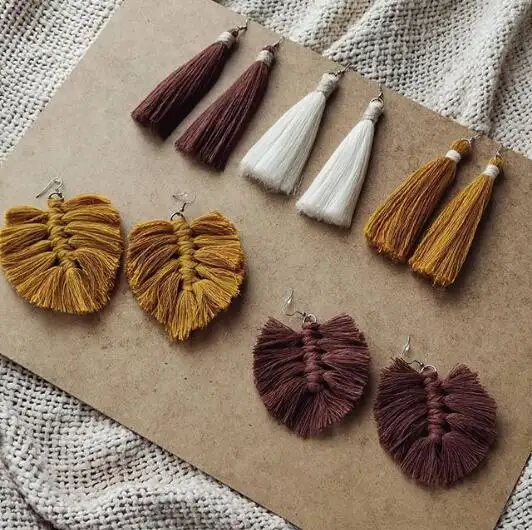 2019 trending hot style leaf fringe tassel macrame knitted exquisite simple multicolor drop earrings
