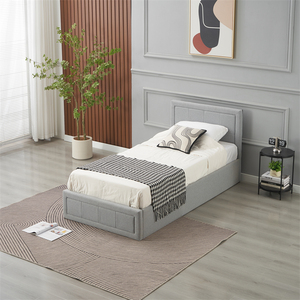 Cama Moderna con Almacenamiento, Tapizada en Lino Gris, Estilo Simple, Individual/Doble, con Sistema de Elevación Neumático - Product Image 1