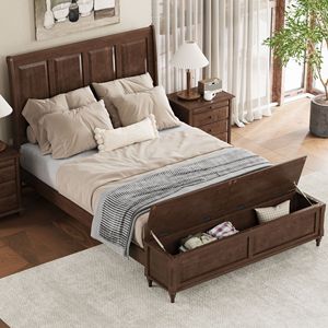 Dark <b>Brown</b> American Style Solid Wood <b>Storage</b> Bed Double With Footboard <b>Box</b> <b>Storage</b> For Adults And Elderly - Product Image 1