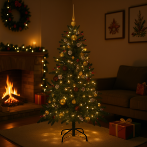 Sapin de Noël artificiel vert de 59,06 pouces avec 150 lumières LED blanc chaud, éclairage festif, matériau plastique, alimentation CA - Product Image 2