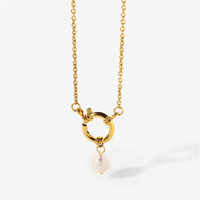 Waterproof Stainless Steel 18k Gold Plated Link Chain Freshwater Pearl Pendant Toggle Pearl Pendant Necklace