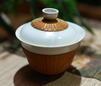 Bol à couvercle Artisan Soda Glaze-Bol à thé recouvert de bambou tissé à la main, ensemble de chawan Yunomi en céramique de style japonais